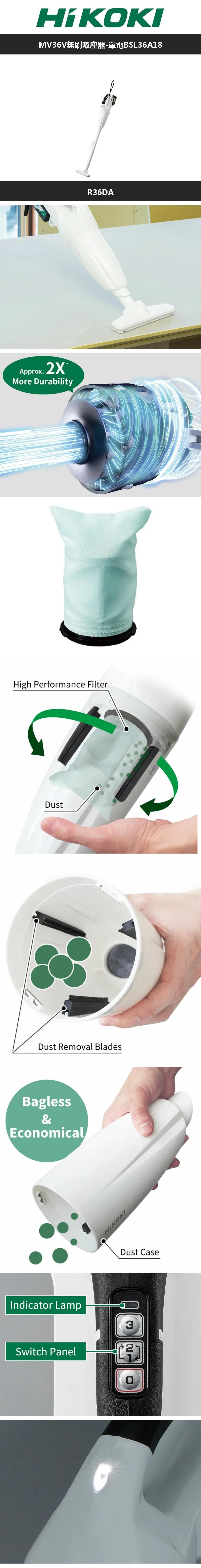 Approx More DurabilityHigh Performance FilterDustDust Removal BladesBagless&EconomicalHIKOKIHDust CaseIndicator Lamp3Switch Panel