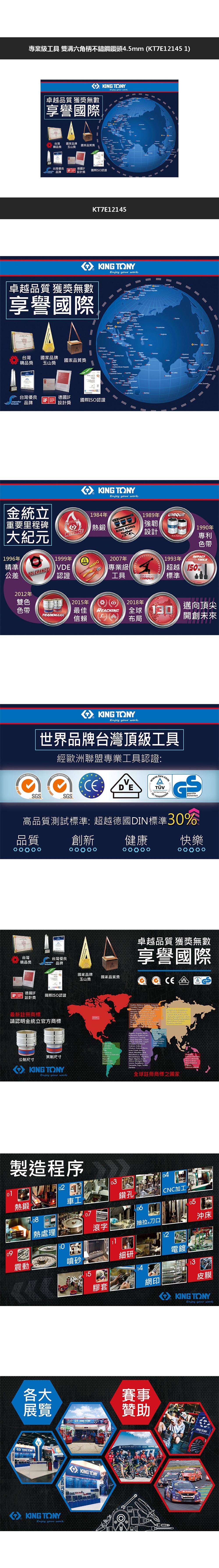 專業級工具 雙溝六角柄不鏽鋼鑽頭5mm KT7E12145 1)卓越品質 獲無數享譽國際KG Enjoy your work台灣國家品牌國家品質獎精品獎玉山獎台灣優良品牌德國IF設計獎國際認證KT7E12145卓越品質 獲獎無數享譽國際 Enjoy your work          Ukraine台灣國家品牌   CoastSyaLebanon  精品獎玉山獎國家品質獎Bangladesh( Togo 14001  PNOCongo    台灣優良德國IF品牌設計獎國際ISO認證KING TONYEnjoy your work金統立重要里程碑大紀元1996年精準公差TOLERAN2012年雙色FACTORYHOTRGE1999年VDE認證1984年熱鍛KING 2年專業級1989年強韌設計工具MASTERSTORQUE2015年色帶TRADEMARK最佳 REACHING信賴UNIQUE PATENT1990年專利色帶1993年IMPACTTOOLS超越 FO標準2018年全球布局邁向頂尖開創未來KING TONYEnjoy your work世界品牌台灣頂級工具經歐洲聯盟專業工具認證IN SGSISO 14001CE: VSGSgeprüfteSicherheit高品質測試標準: 超越德國DIN標準30%品質創新健康快樂卓越品質 獲獎無數享譽國際台灣台灣優良精品獎品牌國家品牌國家品質獎玉山獎 德國IF國際ISO認證設計獎最新註冊商標        Hungary     Norway        請認明金統立官方商標 Angola       Congo  Chod Republic     Coast         Leone   UAE.英制尺寸, 公制尺寸 KING TONYEnjoy your work製造程序, Togo, 全球註冊商標之國家   New Zealand  40304熱鍛08車工007鑽孔CNC加工05熱處理滾字|抽拉刀口沖床1210震動噴砂細研電鍍151413膠套網印皮膜KING TONYEnjoy your work各大展覽KING TONYKING TONYKING TONYNG Enjoy your work賽事贊助KONG TONYKING TONY