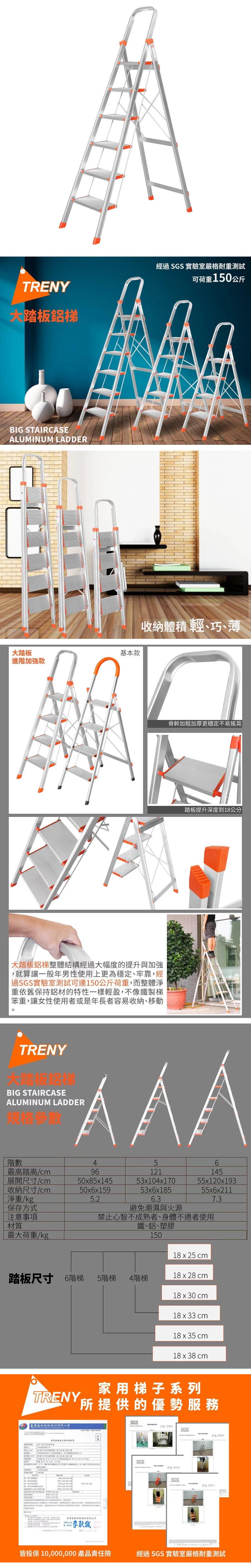 TRENY大踏板鋁梯BIG STAIRASEALUMUM LADDER大踏板基本款進階加強款經過SGS實驗室嚴格耐重測試可荷重150公斤收納體積 輕、巧、薄大踏板鋁梯整體結構經過大幅度的提升與加強,就算讓一般年男性使用上更為穩定、牢靠,經過SGS實驗室測試可達150公斤荷重,而整體淨重依舊持鋁材的特性一樣輕盈,不像鐵製梯笨重,讓女性使用者或是年長者容易收納、移動骨幹加粗加厚更穩定不易搖晃踏板提升深度到18公分TRENYBIG STAIRCASEALUMINUM LADDER階數456最高踏高展開尺寸收納尺寸cm9612114550x85x14550x6x15953x104x17053x6x18555x120x19355x6x2115.26.37.3淨重kg保存方式注意事項材質避免潮濕與火源禁止心智不成熟者、身體不適者使用鐵、鋁、塑膠最大荷重/kg15018 x 25 cm踏板尺寸 6階梯5階梯 4階梯18x28 cm18x30cm18x 33 cm18x35 cm18x38cmTRENY臺灣     臺灣保家用梯子系列所提供的優勢服務 / IN C臺灣股份有限公司公司:SGS SGS SGS SGS 皆投保 10,000,000 產品責任險經過SGS 實驗室嚴格耐重測試