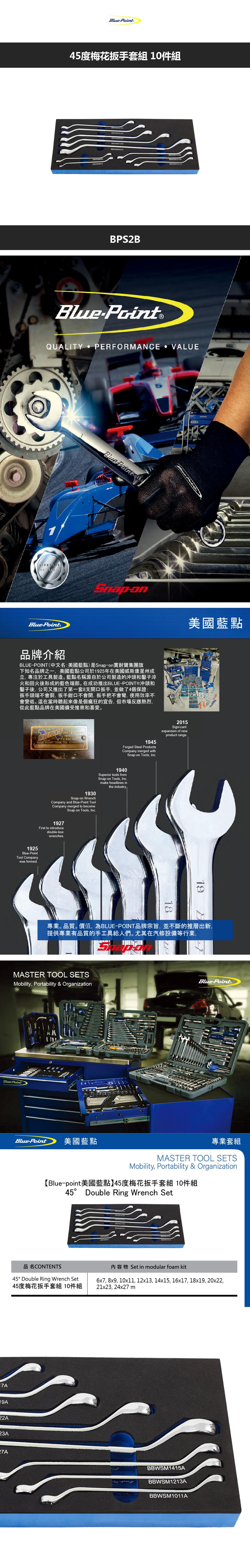 45度梅花扳手組 10件組BWSM2123ABBWSM24BBWSM1213ABBWSM1011ABPS2BBluePoint®QUALITY PERFORMANCE VALUELIFETIMEBluePoint®Blue Point B美國藍點牌介紹POINT(中文名:美國藍點)是Snapon耐寶集團旗下知名品牌之一美國藍點公司於1925年在美國威斯康星州成立,專注於工具製造藍點名稱源自於公司製造的沖頭和鑿子淬火和回火後形成的藍色端部在成功推出BLUEPOINT®沖頭和鑿子後,公司又推出了第一套8支開口扳手,並做了4個保證:扳手頭端不會裂,扳手鉗口不會開, 扳手把不會彎,使用效率不會變低。這在當時聽起來像是個瘋狂的宣告,但市場反應熱烈,從此藍點品牌在美國備受推崇和喜愛。BLUE OPEN  CHISELS  BLUE POINT TOOL CO 2015Signi cantexpansion of newproduct range1945Forged Steel ProductsCompany merged withSnap-on Tools, Inc1940Superior tools fromSnap-on Tools, Incmake headlines in1930Snap-on WrenchCompany and Blue-Point ToolCompany merged to become1927First to introducedouble-boxwrenches.Snap-on Tools, Inc.1925Blue-PointTool Companywas formed.the industry.1819專業。品質。價值,為BLUE-POINT品牌宗旨,並不斷的推層出新,提供專業有品質的手工具給人們。尤其在汽修設備等行業,MASTER TOOL SETSMobility, Portability & OrganizationBlue-PointBlue-Point.Blue-Point美國藍點專業套組MASTER TOOL SETSMobility, Portability & Organization【Blue-point美國藍點】45度梅花扳手套組 10件組45° Double Ring Wrench Set品名CONTENTS45° Double Ring Wrench Set45度梅花扳手套組 10件組内容物 Set in modular foam kit6x7, 8x9, 10x11, 12x13, 14x15, 16x17, 18x19, 20x22,21x23,24x27m17A22A23A27ABBWSM1415A品BBWSM1213ABBWSM1011A