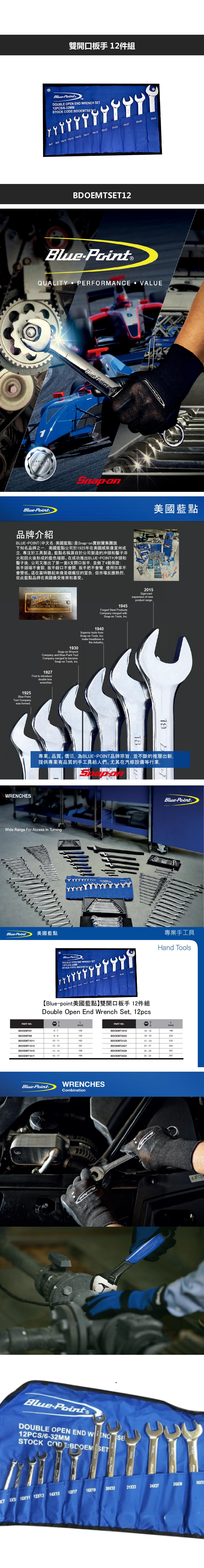 雙開口板手12件組lueTMOUBLE OPEN WRENCH 12PCS/632MMSTOCK DETSET 26x7 8x9 21x2320x2218x1916x1724x2725x2830x32BDOEMTSET12QUALITY PERFORMANCE VALUELIFETIMEBluePoint®Blue Point B美國藍點品牌介紹POINT(中文名:美國藍點)是Snapon耐寶集團旗下知名品牌之一美國藍點公司於1925年在美國威斯康星州成立,專注於工具製造藍點名稱源自於公司製造的沖頭和鑿子淬火和回火後形成的藍色端部。在成功推出BLUEPOINT®沖頭和鑿子後,公司又推出了第一套8支開口扳手,並做了4個保證:扳手頭端不會裂,扳手鉗口不會開,扳手把不會彎,使用效率不會變低。這在當時聽起來像是個瘋狂的宣告,但市場反應熱烈,從此藍點品牌在美國備受推崇和喜愛。BLUE , OPEN END BLUE POINT TOOL CO CHICAGO1925Blue-PointTool Companywas formed2015Signi cantexpansion of newproduct range1945Forged Steel ProductsCompany merged with1930Snap-on WrenchCompany and Blue-Point ToolCompany merged to becomeSnap-on Tools, c.1940Superior tools fromSnap-on Tools, Inc.make headlines inthe industry.1927First to introducedouble-boxwrenches.WRENCHESSnap-on Tools, Inc.1819專業。品質。價值,為BLUE-POINT品牌宗旨,並不斷的推層出新,提供專業有品質的手工具給人們。尤其在汽修設備等行業,Wide Range For Access In TurningBlue-Point美國藍點Blue PointDOUBLE OPEN END WRENCH SET12PCS/STOCK :BDOEMTSET 2 D 12x13 14x15 【Blue-point美國藍點】雙開口板手 12件組Double Open End Wrench Set, 12pcsBlue-Point®專業手工具Hand ToolsLLPART NO.PART NO.(mm)(mm)BDOEMT676-7126BDOEMT1819198BDOEMT89145BDOEMT202220-22220BDOEMT101110-11162BDOEMT1213BDOEMT1415BDOEMT161712-13181189BDOEMT2123BDOEMT2427BDOEMT252821-2324224-2726425-2828716-17198BDOEMT303230-32287Blue-Point®WRENCHESCombinationBlue-PointDOUBLE OPEN END SE12PCS/6-32MMSTOCK CODE:BDOEM SET 10x11 12X13 14X1518X19